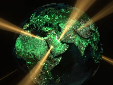 A luxurious 3D dark mode world map with glowing golden flight paths connecting Tunis to Doha and Dubai, crystal and gold infinite symbol subtly integrated in the center, ultra-high-detail render.