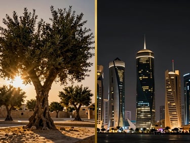 A high-contrast split-screen photograph: on the left, ancient Tunisian olive trees under a golden sun; on the right, the ultra-modern glowing skyscrapers of Doha at dusk, separated by a thin vertical gold line.