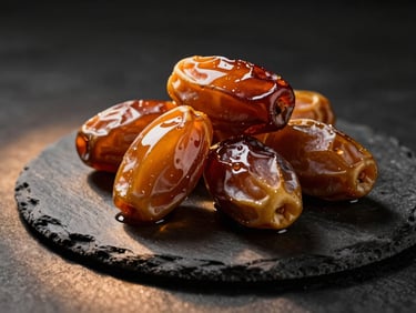 Royal amber dates on a dark slate plate, glistening under a soft warm spotlight, high-end food photography