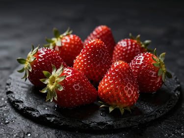 Fresh Carthage strawberries covered in delicate dew drops, resting on dark obsidian stone, dramatic side lighting.