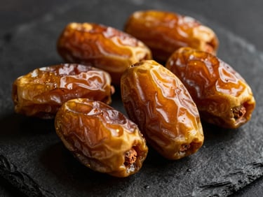 Royal Tunisian Deglet Nour dates arranged on a dark slate plate, glowing under warm golden light, macro texture, luxury editorial.