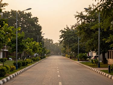 A wide paved internal road of a premium gated community in Lucknow, lined with elegant streetlights and young green trees, sunset