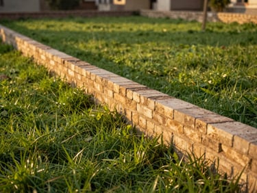 Close-up of a neatly brick-demarcated residential plot boundary, lush green grass, warm golden-hour sunlight, Lucknow estate development