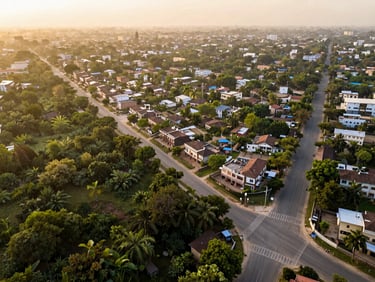 Overhead drone shot of a neatly demarcated green residential development on Sultanpur Road Lucknow, golden hour light, wide paved roads