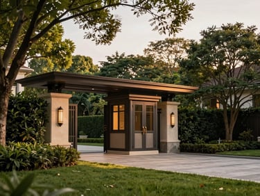 Low angle shot of a luxury estate entrance gate with modern security cabin, mature trees, manicured lawns, warm evening sun