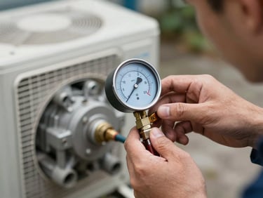 Tight close-up of a technician reading a refrigerant pressure gauge attached to an AC compressor unit outdoors, meter face sharp in focus, hands steady, ambient daylight