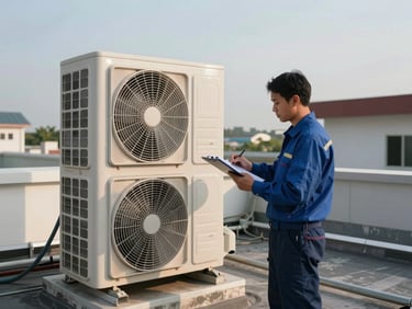 Wide environmental shot of a technician inspecting an outdoor AC condenser unit on a building rooftop in Medan, clipboard in hand, afternoon light casting soft shadows across the unit