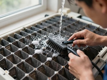 Close-up overhead shot of a technician's hands washing AC evaporator coils with a brush under running water, visible grime and foam on the fins, natural daylight from a side window