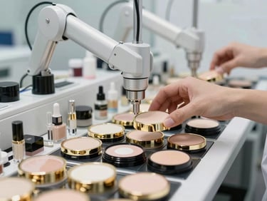 Close-up of a modern, clinical cosmetics packaging line, precise mechanical arms assembling sleek gold-trimmed compact powder cases under bright, diffused studio lighting.