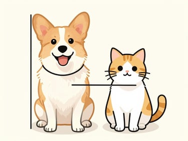 Simple clean illustration of a dog and a cat showing lines for measuring neck, chest, and body length, soft cheerful colors on a light background