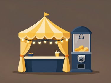 Minimalist flat vector icon of a festive event tent with light garlands, next to a retro capsule machine, warm yellow and midnight blue accents.