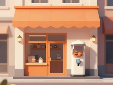 Minimalist flat vector icon of a cozy bakery storefront with a small, friendly capsule machine standing near the entrance, clean lines, orange and off-white colors.