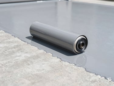 Close-up of a professional rolling gray epoxy coating onto a prepared concrete garage floor, crisp wet edge, clean daylight lighting, 35mm lens