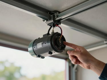 Close-up of a garage door opener motor unit mounted on ceiling rail, technician hand pointing at a wiring terminal, natural indoor daylight from an open garage