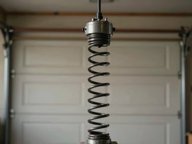Snapped torsion spring above a garage door, coil visibly separated, photographed straight-on in natural garage light with the door in the background