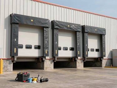 Wide shot of a large commercial loading dock bay with a heavy-duty sectional door, natural daylight, technician tools on the ground in the foreground