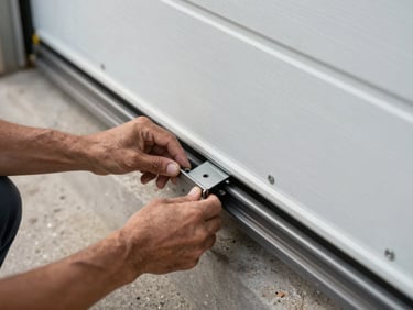 Technician hands guiding a new garage door panel into steel tracks, natural daylight, framed tight on the installation point