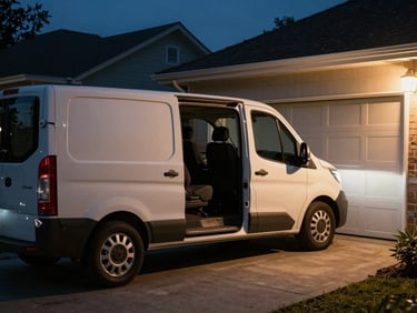 Work van with side door open parked in a dark residential driveway at night, garage door visibly jammed half-open, streetlight illuminating the scene