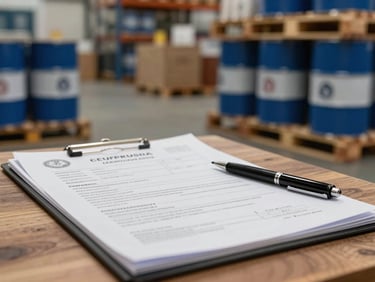 Close-up of a manifest and export certification documents on a warehouse desk, a pen resting on the papers, ambient warehouse lighting, stacked pallets of oil drums blurred in background