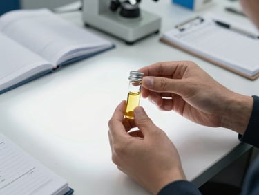 Hands holding a glass oil sample vial against a white light table in a quality-control setting, notebooks and tasting sheets visible on the table surface, clean professional indoor lighting