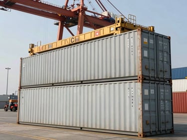 Wide shot of sealed 40-foot shipping containers being loaded at a commercial port, crane visible above, flat daylight, operational scale, no lifestyle elements