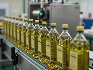 Rows of labeled olive oil bottles on a production line conveyor, fill station visible in background, clean production-floor lighting, no consumer faces
