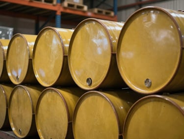 Close-up of stacked bulk oil drums in a warehouse, industrial shelving, ambient warehouse lighting, no people, documentary style