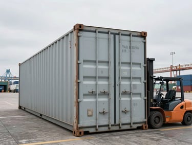 Wide-angle shot of a 40-foot shipping container being sealed at a loading dock in natural overcast daylight, forklift visible to one side, industrial port infrastructure in the background