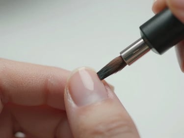 Macro detail of fine-line nail art brush painting a delicate stroke on a clean nail, soft diffused daylight, minimalist setting.