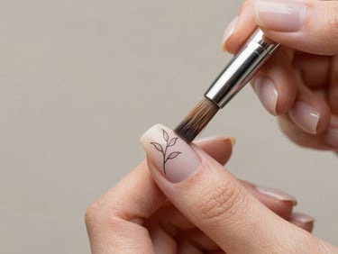 A fine-line brush delicately painting a minimalist botanical detail onto a clean, nude-polished nail