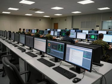 Wide environmental shot of a military network operations centre, rows of workstations with dual monitors showing classified system interfaces, cool overhead lighting, no personnel faces visible, austere and institutional