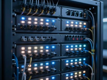 Close-up of a financial trading infrastructure rack, blinking status LEDs, dense cabling, cool blue-white lighting, no people visible, clinical and precise atmosphere