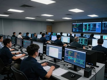 Security operations centre wide shot, analysts at darkened workstations with threat-monitoring dashboards glowing on screens, cool fluorescent lighting from above, institutional and focused environment, no faces shown