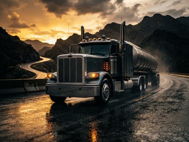 Low-angle heroic shot of a Class 8 semi-truck on wet asphalt at golden hour, dramatic high-contrast lighting, deep slate and amber tones, 35mm
