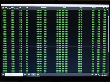Orthographic front-facing view of a dark terminal screen displaying real-time cryptographic order book metrics and raw data streams in green monospace font