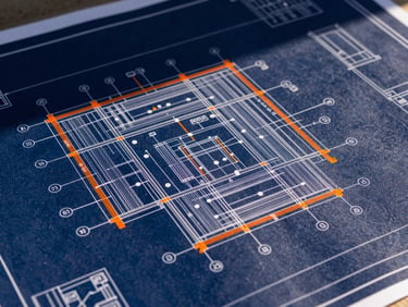 Digital overlay of as-built data on a blueprint, showing precise verification points, sharp industrial photography, high-contrast morning light, deep navy and safety orange accents, crisp technical details, 50mm lens