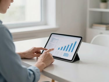 Professional adult reviewing financial charts on a tablet in a clean minimalist workspace, natural daylight, medium shot, soft blue and neutral tones, shallow depth of field