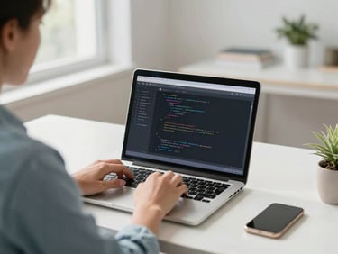 Professional adult working on a laptop with code on screen in a bright, modern home office, natural daylight, over-the-shoulder perspective, soft blue and neutral tones, shallow depth of field
