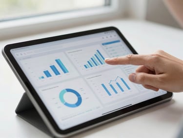 Close-up of a digital tablet showing a clean educational dashboard with charts and graphs, hands interacting, bright natural daylight, neutral tones.
