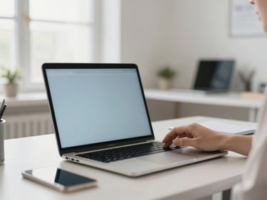 Professional adult focused on a clean laptop screen in a modern home office, bright natural daylight, shallow depth of field, neutral tones.