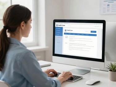 Professional adult engaged in an online health course on a desktop computer, clean educational dashboard visible, bright natural daylight, medium environmental shot, soft blue and neutral tones, shallow depth of field