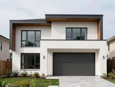 Exterior architectural shot of a modern home addition, clean geometric lines, soft overcast lighting, organized surrounding landscape.