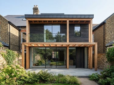 Straight-on architectural elevation of a modern residential home extension, crisp daylight, clean geometric timber framing, 35mm lens