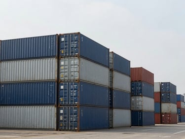 Wide-angle industrial landscape of a modern shipping port in India, cargo containers stacked precisely under overcast daylight, desaturated steel blue tones, sharp focus, 35mm lens