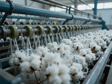 Macro detail of raw cotton fibers being processed in a modern Indian spinning mill, crisp overcast daylight, desaturated steel blue tones.