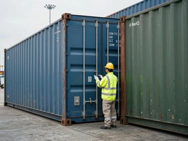 A quality control officer in high-visibility gear inspecting cargo containers at an active port, industrial documentary photography, overcast daylight, desaturated steel blue tones