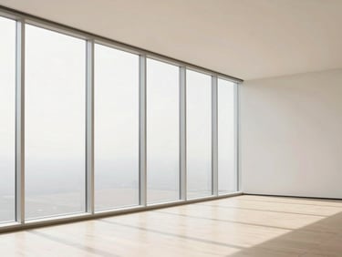 Bright, clean minimalist office interior with floor-to-ceiling windows, flooded with natural daylight, sharp architectural lines, soft warm sand tones.