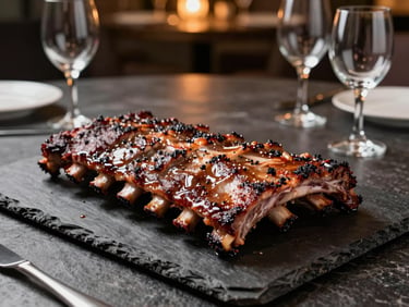Wide angled shot of smoked beef ribs arranged on a slate board at a corporate dinner setting, polished glassware in background, warm amber overhead lighting, dark stone surface