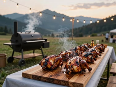 Wide outdoor evening event scene, long table under string lights in mountain meadow, smoked chicken halves arranged on a cedar plank, smoke rising from a large offset smoker in background left, golden hour light