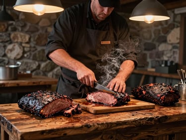 A pitmaster in a dark apron carving whole smoked brisket at a live carving station — rustic wood-plank table, glowing amber light from overhead warmers, smoke wisps rising from the surface, mountain lodge stone wall visible in the background, no face shown